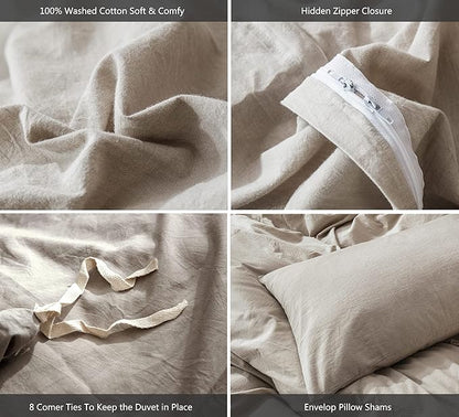 MooMee Bedding Duvet Cover Set 100% Washed Cotton Linen Like Textured Breathable Durable Soft Comfy (Heathered Tannish Linen Grey, Full 80"x90")