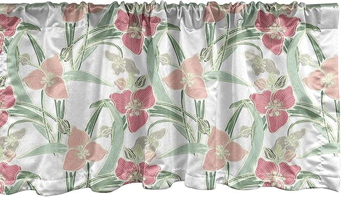 Lunarable Botanical Window Valance, Shabby Soft Tone Lily Blooms and Leaves Flower Pastel Beauty of Nature, Curtain Valance for Kitchen Bedroom Decor with Rod Pocket, 54" X 12", Green Pink