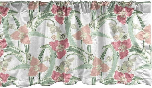 Lunarable Botanical Window Valance, Shabby Soft Tone Lily Blooms and Leaves Flower Pastel Beauty of Nature, Curtain Valance for Kitchen Bedroom Decor with Rod Pocket, 54" X 12", Green Pink