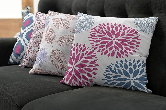 Ambesonne Vintage Throw Pillow Cushion Case Pack of 4, Bohemian Ornamental Leaves Dahlia Pattern Geometric Art Curlicue Motif, Modern Accent Double-Sided Digital Printing, 20", Pink and Dark Sky Blue