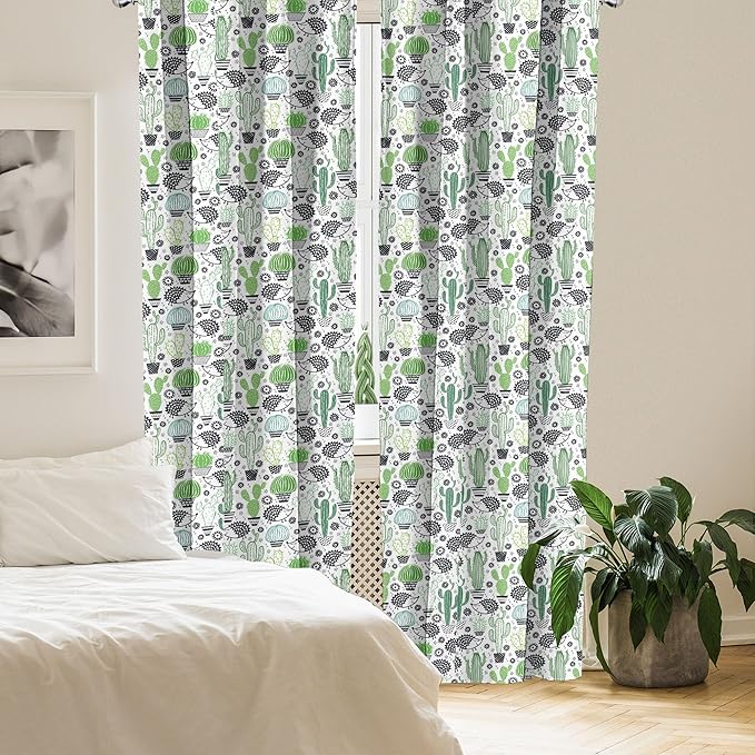 Ambesonne Cactus Curtains, Cartoon Style Inspired Drawing of Hedgehog Animals Saguaro and Prickly Pear, Window Treatments 2 Panel Set for Living Room Bedroom, Pair of - 28" x 63", White Green