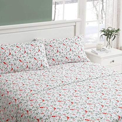 Laura Ashley - Flannel Sheets King Size, Anti-Pilling & Wrinkle Resistant Cotton, Touchably Soft for All-Season Comfort - Bed Sheets with Matching Pillowcases & Fitted Sheet (Jolly Cardinals Green)