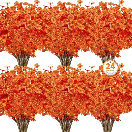 Ouddy Decor 24 Bundles Artificial Fall Flowers for Outdoors, Fake Mums Silk Flowers UV Resistant Faux Plastic Plants for Garden Porch Farmhouse Fall Autumn Harvest Thanksgiving Home Decor, Orange