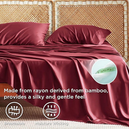 Bedsure Full Size Bed Sheets, Cooling Sheets, Rayon Derived from Bamboo, Breathable & Soft, Deep Pocket Up to 16 Inches, Hotel Luxury Silky Bedding for Hot Sleepers, Burgundy