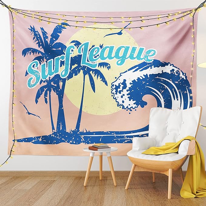 Lunarable Vintage Hawaii Tapestry, Surf League Lettering with Wave Tropical Trees and Birds Silhouettes Print, Fabric Wall Hanging Decor for Bedroom Living Room Dorm, 45" X 30", Pink Blue