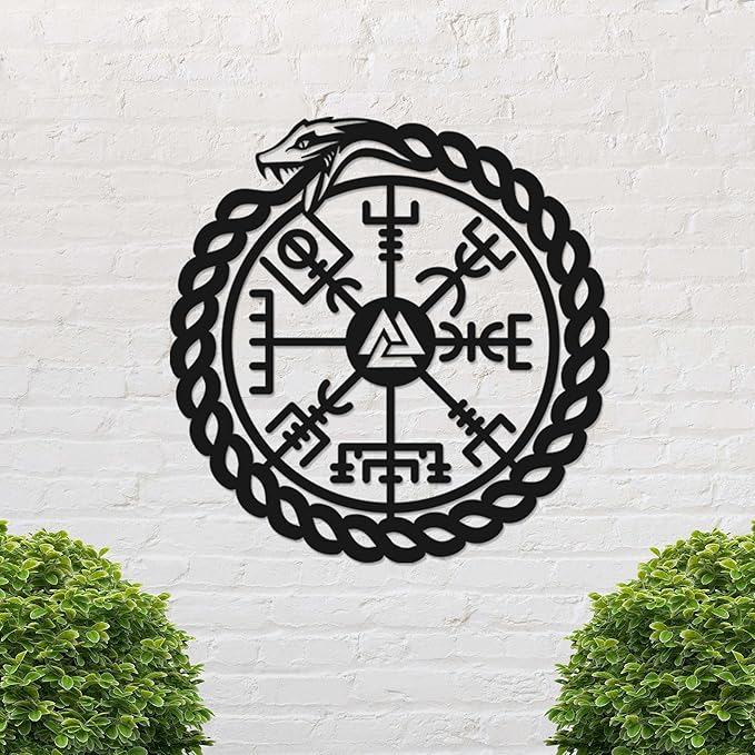 TOLARY Ouroboros Snake Vegvisir Metal Wall Art, Viking Compass Metal Wall Decor, Extra Large Outdoor Wall Decor, Scandinavian Design Wall Hanging, Modern Scandinavian Home Decor