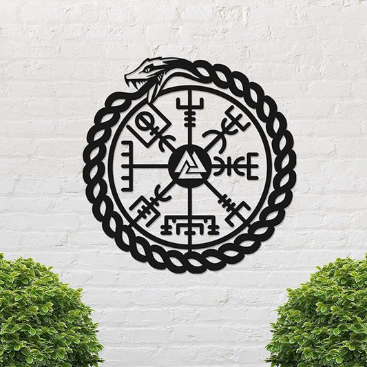 TOLARY Ouroboros Snake Vegvisir Metal Wall Art, Viking Compass Metal Wall Decor, Extra Large Outdoor Wall Decor, Scandinavian Design Wall Hanging, Modern Scandinavian Home Decor