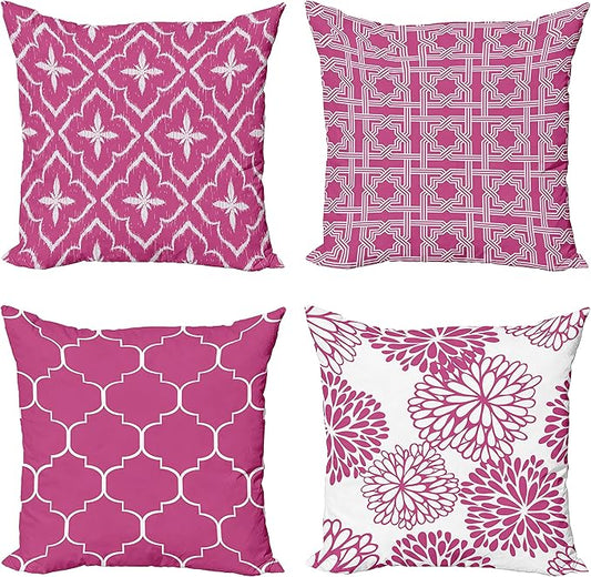 Ambesonne Vintage Throw Pillow Cushion Case Pack of 4, Monochrome Design Grid Trellis Quatrefoil Mesh and Dahlia Flowers Modern Print, Modern Accent Double-Sided Digital Printing, 18", Pink and White