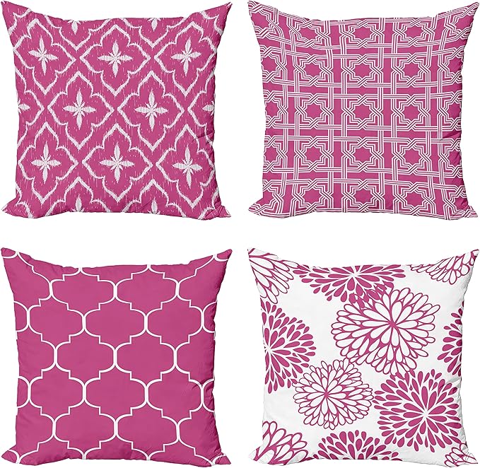 Ambesonne Vintage Throw Pillow Cushion Case Pack of 4, Monochrome Design Grid Trellis Quatrefoil Mesh and Dahlia Flowers Modern Print, Modern Accent Double-Sided Digital Printing, 24", Pink and White