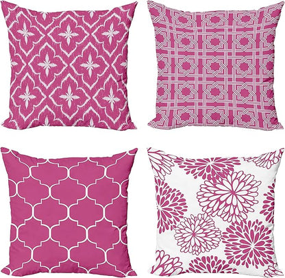 Ambesonne Vintage Throw Pillow Cushion Case Pack of 4, Monochrome Design Grid Trellis Quatrefoil Mesh and Dahlia Flowers Modern Print, Modern Accent Double-Sided Digital Printing, 24", Pink and White