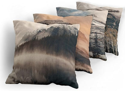 Ambesonne Landscape Throw Pillow Cushion Case Pack of 4, Snowy Mountains Woods Early Morning Sunrise Nature Outdoors Scenery Photo, Modern Accent Double-Sided Digital Printing, 20", Brown White