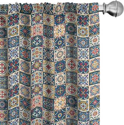 Ambesonne Moroccan Window Curtains, Portuguese Azulejo Checkered Squares Colorful Pattern Floral Arrangement, Lightweight Decor 2-Panel Set with Rod Pocket, Pair of - 28" x 95", Dark Blue Amber Red