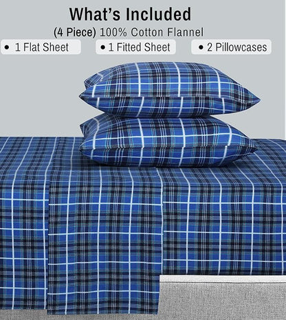 RUVANTI Flannel Sheets Full Size - 100% Cotton Double Brushed Bed Sheets Set, Deep Pockets 16 Inches, All Seasons Breathable & Extra Soft Full Sheets, Warm & Cozy, 4 Piece, Blue Plaid