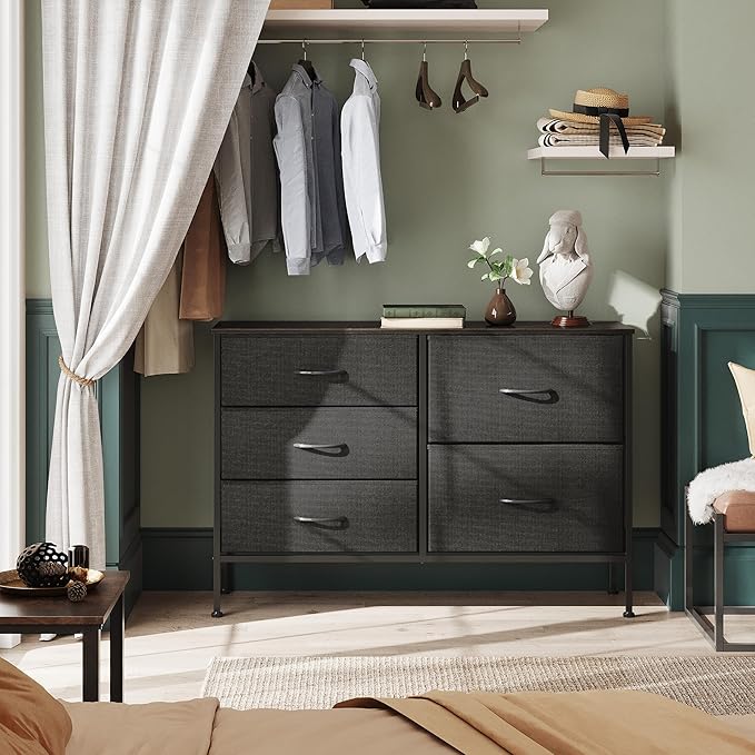 WLIVE Dresser for Bedroom with 5 Drawers, Wide Bedroom Dressers with Drawer Organizers, Chest of Drawers, Fabric Dresser for Living Room, Closet, Hallway, Charcoal Black