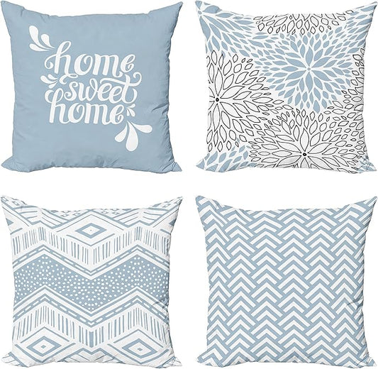 Ambesonne Geometric Throw Pillow Cushion Case Pack of 4, Home Phrase Minimal Zigzag Squama Dahlia Flower Petals Chevron Tribal, Modern Accent Double-Sided Digital Printing, 24", Pale Blue Grey White