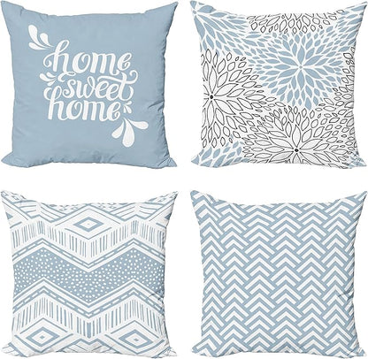 Ambesonne Geometric Throw Pillow Cushion Case Pack of 4, Home Phrase Minimal Zigzag Squama Dahlia Flower Petals Chevron Tribal, Modern Accent Double-Sided Digital Printing, 20", Pale Blue Grey White