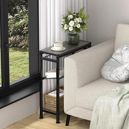 End Table Set of 2 for Small Space, 3-Tier Narrow Side Table with Magazine Holder,Slim Nightstand, Skinny Snack Couch Table in Living Room, Bedroom Study and Balcony (Grey)