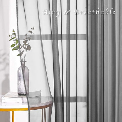 NICETOWN Dark Grey Sheer Curtains 90 inches Long 2 Panels, Grommet Top Soft Voile Sheer Airy & Lightweight Window Treatment for Boys Room/Living Room, W54 x L90