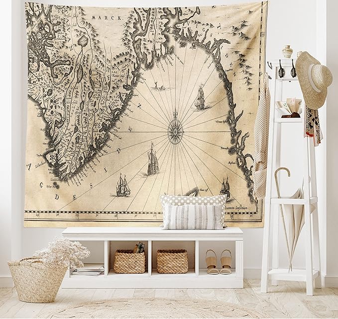 Ambesonne World Map Tapestry, Map of Southern Part of The Norway Vikings World Old Scandinavian Land, Wide Wall Hanging for Bedroom Living Room Dorm, 80" X 60", Cream Grey