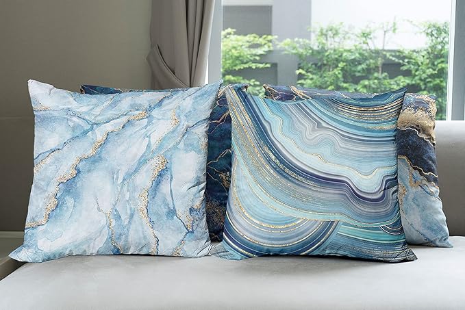 Ambesonne Marble Print Throw Pillow Cushion Case Pack of 4, Modern Themed Pastel Stone Stain Look Veins Marbling Aquatic Tones, Modern Accent Double-Sided Digital Printing, 20", Pale Blue Indigo