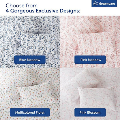DREAMCARE Queen Size Sheets - Floral Sheets Queen Size Bed Set - 4pcs Queen Sheet Set - Cooling Bed Sheets - Queen Size Sheet Sets - Soft & Long Lasting 100% Brushed Floral Bed Set - Floral Blue