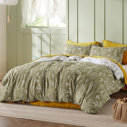 Bedsure Queen Comforter Set - Olive Green Bed Set, 3 Pieces Cute Floral Bedding, 1 Soft Reversible Botanical Flowers Comforter and 2 Pillow Shams