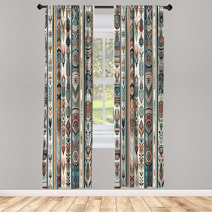Ambesonne Ethnic Curtains, Folkloric Style Floral Ornaments with Bohemian Oriental Motifs as Stripes, Window Treatments 2 Panel Set for Living Room Bedroom, Pair of - 28" x 84", Teal Coral and Orange