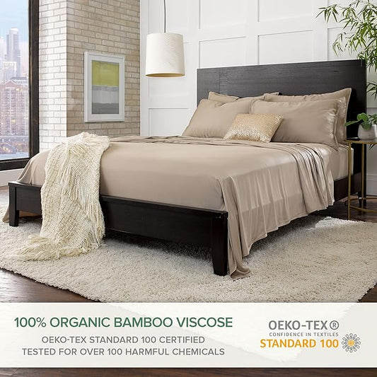 Split King Sheets by Pure Bamboo, Genuine 100% Organic Viscose Derived from Bamboo Bed Sheet Set, Soft & Cooling, Double Stitching *Not for Split Top (Split King, Sand)