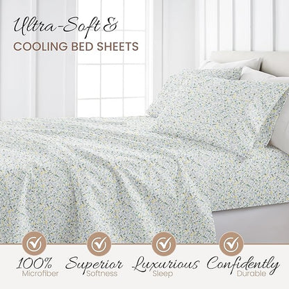 Linen Market Double-Brushed Patterned Microfiber Full Sheet Set 4 Piece – Oeko-TEX Certified Ultra Soft & Wrinkle-Free - 16" Deep Pocket Sheets - Easy Care Full Size - Wildflower Light Blue
