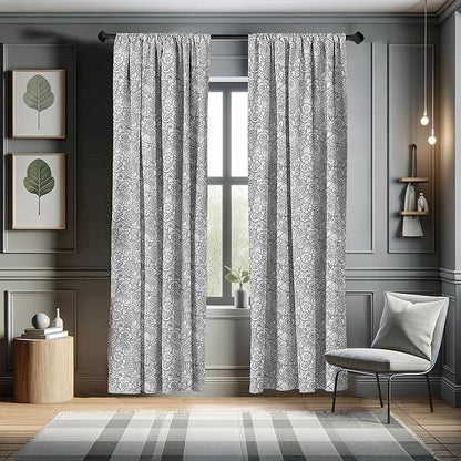 Ambesonne Black and White Window Curtains, Paisley Design with Sketch Style Flowers Leaves on Monochrome Background, Decor 2-Panel Set with Rod Pocket, Pair of - 28" x 95", White and Charcoal