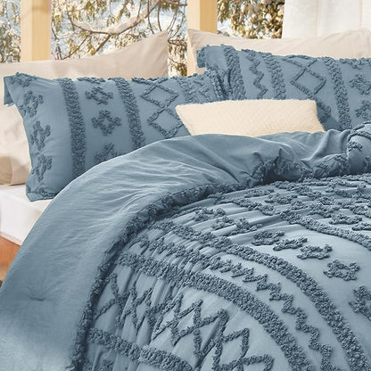 Bedsure Tufted Boho Comforter Set Full Size - Grayish Blue Boho Bed Set, GentleSoft™ 3 Pieces Farmhouse Shabby Chic Embroidery Bedding, Gifts for Woman, Soft Jacquard Full Comforter for All Seasons