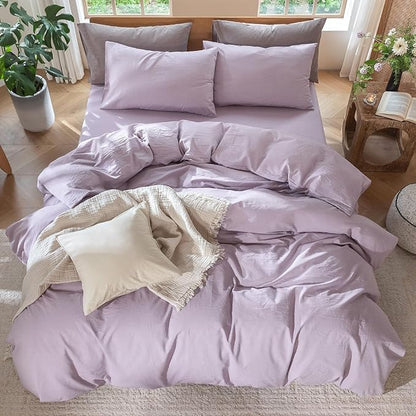 MooMee Bedding Duvet Cover Set 100% Washed Cotton Linen Like Textured Breathable Durable Soft Comfy (Heathered Light Purple, Queen 90"x90")