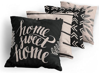 Ambesonne Modern Throw Pillow Cushion Case Pack of 4, Scandinavian Minimal Ornaments Boho Feather Leaves and Home Phrase, Modern Accent Double-Sided Digital Printing, 16", Pale Tan and Charcoal Grey