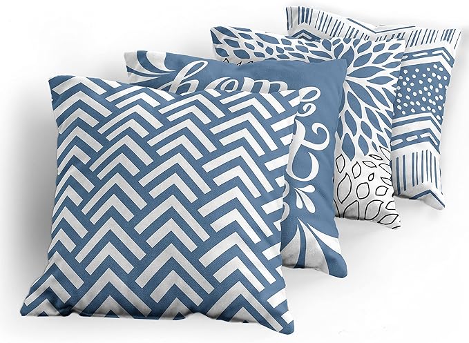 Ambesonne Geometric Throw Pillow Cushion Case Pack of 4, Home Phrase Minimal Zigzag Squama Dahlia Flower Petals Chevron Tribal, Modern Accent Double-Sided Digital Printing, 24", Slate Blue and White