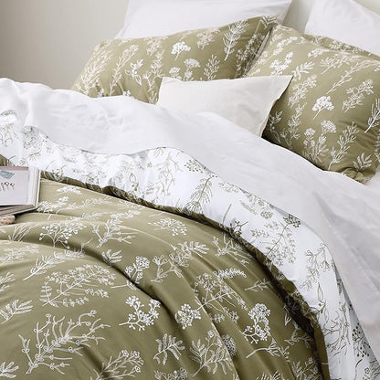 Bedsure King Comforter Set - Olive Green Bed Set, 3 Pieces Cute Floral Bedding, 1 Soft Reversible Botanical Flowers Comforter and 2 Pillow Shams