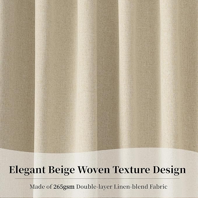 KangBang Natural Beige 72 Inch Wide Blackout Linen Curtains, Sliding Door Curtains Light Blocking Room Darkening Rustic Classy Drapes for Living Room(Back Tab/Rod Pocket/Hook Belt, 2 Panels, 72Wx84L)