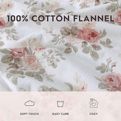 Laura Ashley - Flannel Sheets Queen Size, Anti-Pilling & Wrinkle Resistant Cotton, Touchably Soft for All-Season Comfort - Bed Sheets with Matching Pillowcases & Fitted Sheet (Lisalee Pink)