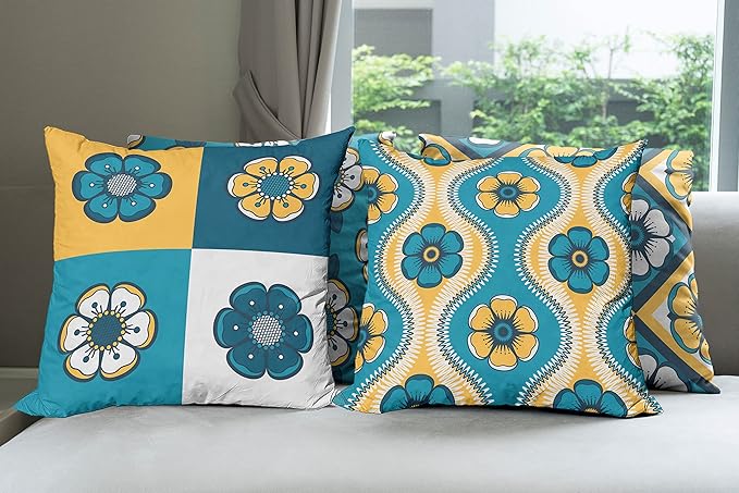 Ambesonne Vintage Throw Pillow Cushion Case Pack of 4, Nostalgic Look Abstract Flowers Squares Tile Mosaic Inspired Motif, Modern Accent Double-Sided Digital Printing, 18", Petrol Blue and Pale Orange