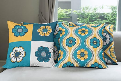 Ambesonne Vintage Throw Pillow Cushion Case Pack of 4, Nostalgic Look Abstract Flowers Squares Tile Mosaic Inspired Motif, Modern Accent Double-Sided Digital Printing, 18", Petrol Blue and Pale Orange