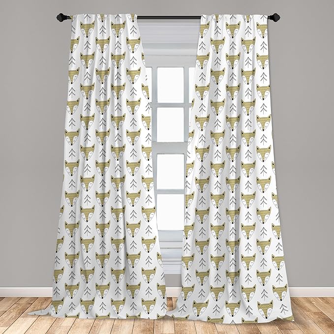 Ambesonne Cartoon Window Curtains, Doodle Style Forest Animals Hand Drawn Sleeping Fox Portraits and Trees, Lightweight Decor 2-Panel Set with Rod Pocket, Pair of - 28" x 63", White Beige