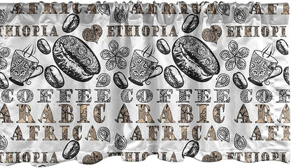 Ambesonne Modern Window Valance Pack of 2, Coffee Beans with Ornamental Words Ethiopians Pattern, Rod Pocket Curtain Valances for Kitchen Bedroom, 54" X 18", Sand Brown Black