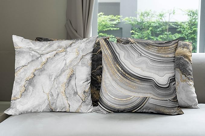 Ambesonne Marble Throw Pillow Cushion Case Pack of 4, Obsidian Like Ornaments Natural Stone Stains and Veins Golden Yellow Tone, Modern Accent Double-Sided Digital Printing, 24", Charcoal Grey Coconut