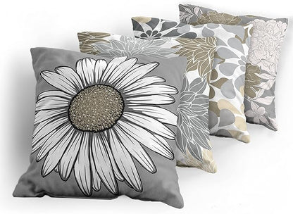 Ambesonne Floral Throw Pillow Cushion Case Pack of 4, Flower Petals Modern Color Palette Chamomile Peony Dahlia and Sunflower Print, Modern Accent Double-Sided Digital Printing, 24", Slate Brown Grey