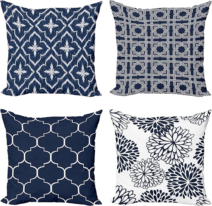 Ambesonne Vintage Throw Pillow Cushion Case Pack of 4, Quatrefoil Mesh Medieval Lattice Ornaments Ethnic Motive and Dahlia Flowers, Modern Accent Double-Sided Digital Printing, 18", Night Blue White