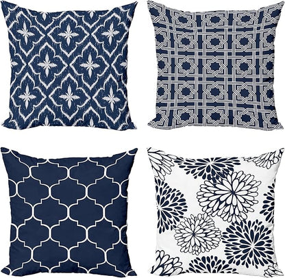 Ambesonne Vintage Throw Pillow Cushion Case Pack of 4, Quatrefoil Mesh Medieval Lattice Ornaments Ethnic Motive and Dahlia Flowers, Modern Accent Double-Sided Digital Printing, 24", Night Blue White
