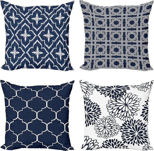 Ambesonne Vintage Throw Pillow Cushion Case Pack of 4, Quatrefoil Mesh Medieval Lattice Ornaments Ethnic Motive and Dahlia Flowers, Modern Accent Double-Sided Digital Printing, 24", Night Blue White