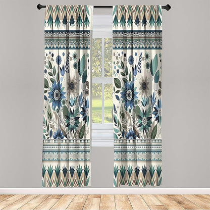 Ambesonne Art Floral Curtains, Gentle Flowers and Leaves of Spring Garden with Ethnic Boho Details, Window Treatments 2 Panel Set for Living Room Bedroom, Pair of - 28" x 84", Eggshell Laurel Green