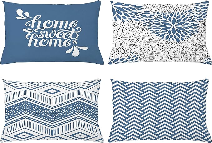 Ambesonne Geometric Throw Pillow Cushion Case Pack of 4, Home Phrase Minimal Zigzag Squama Dahlia Flower Petals Chevron Tribal, Modern Accent Double-Sided Printing, 20" x 12", Slate Blue and White