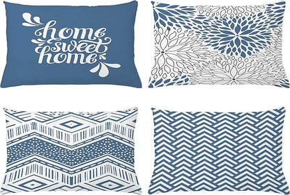 Ambesonne Geometric Throw Pillow Cushion Case Pack of 4, Home Phrase Minimal Zigzag Squama Dahlia Flower Petals Chevron Tribal, Modern Accent Double-Sided Printing, 20" x 12", Slate Blue and White