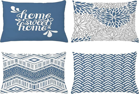 Ambesonne Geometric Throw Pillow Cushion Case Pack of 4, Home Phrase Minimal Zigzag Squama Dahlia Flower Petals Chevron Tribal, Modern Accent Double-Sided Printing, 20" x 12", Slate Blue and White